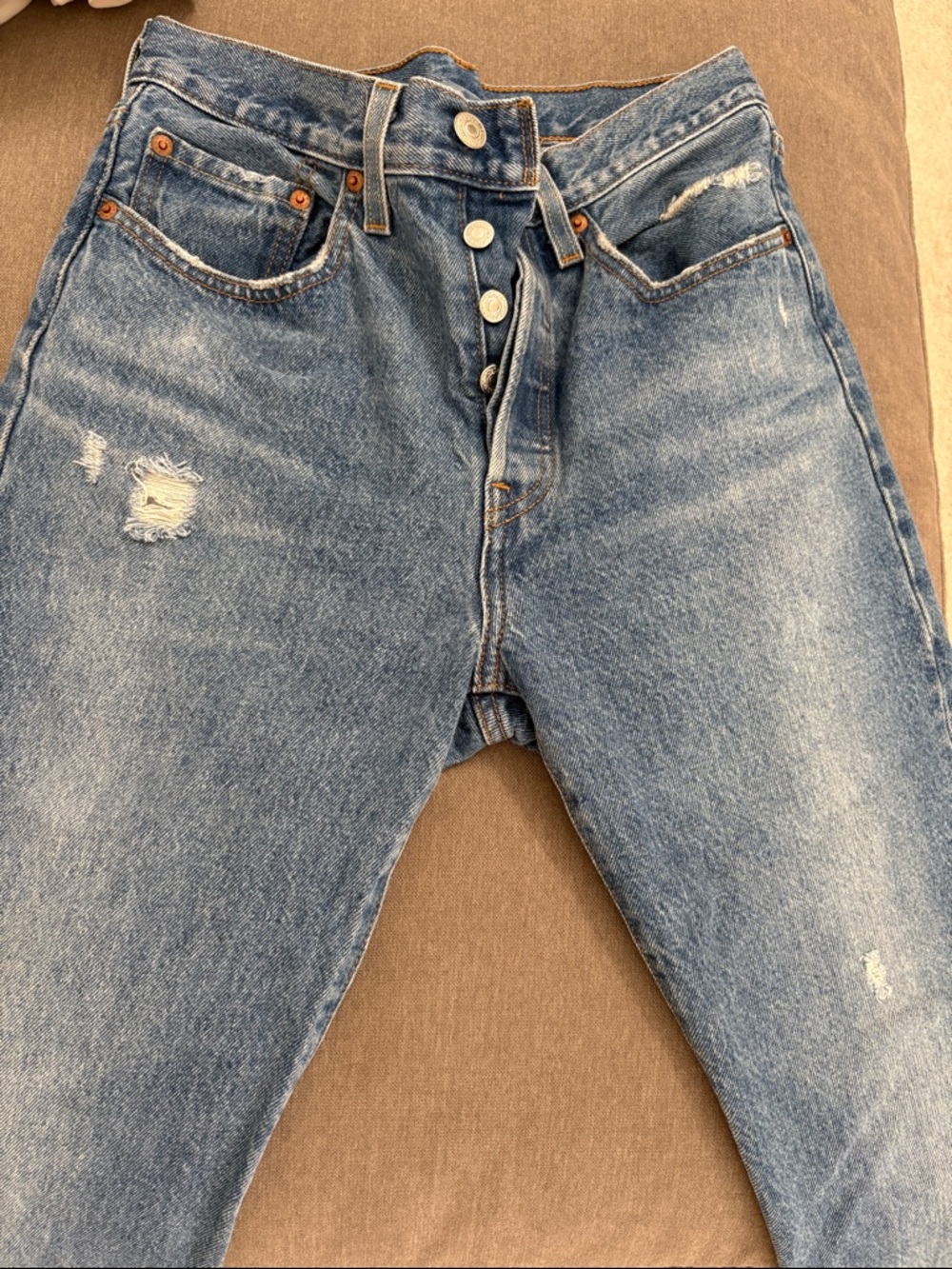 Levis 501 Button-Fly Distressed Blue Jeans